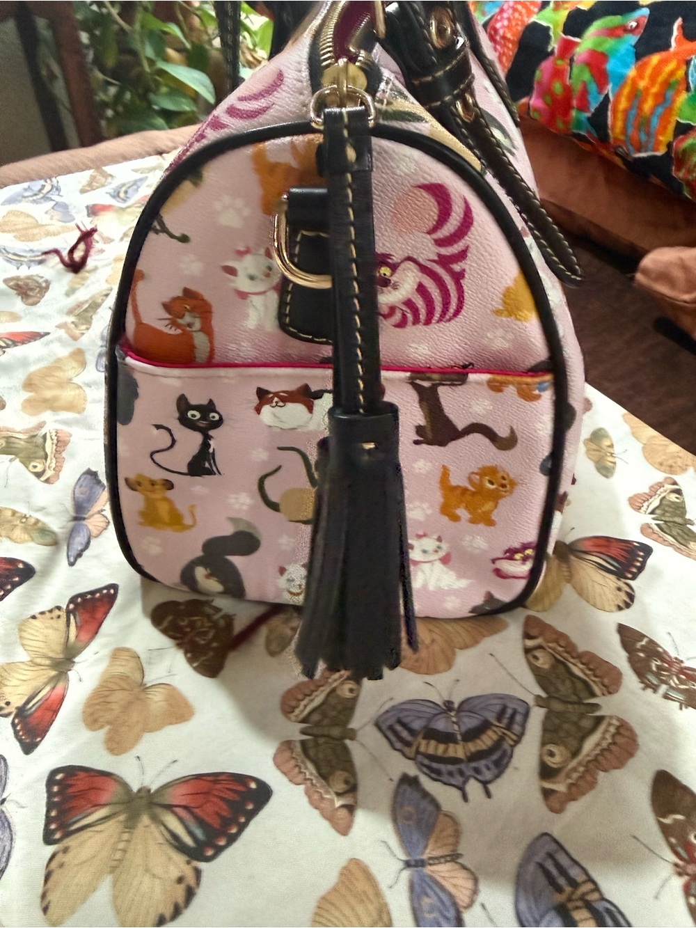 Dooney & Bourke Pink Multi-Cat Printed Satchel with Black Trim - Picture 2 of 5